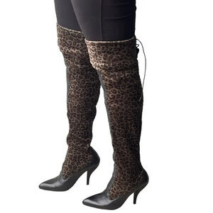 PACO GIL Thigh High Leopard Boots Leather Contrast Pointed Toe Heel Women’s 8B